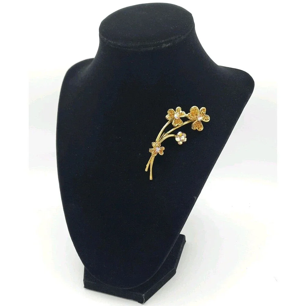 Vtg Floral Bouquet Brooch Pin Amber Aurora Borealis AB Rhinestone Gold Tone MCM
